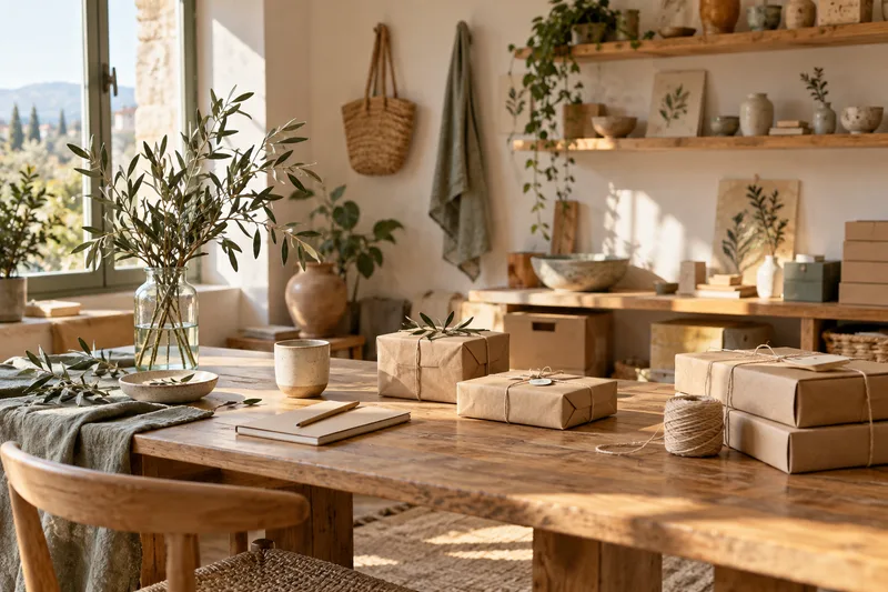 An illustrative creative studio with a sunlit worktable, handmade objects and parcels.